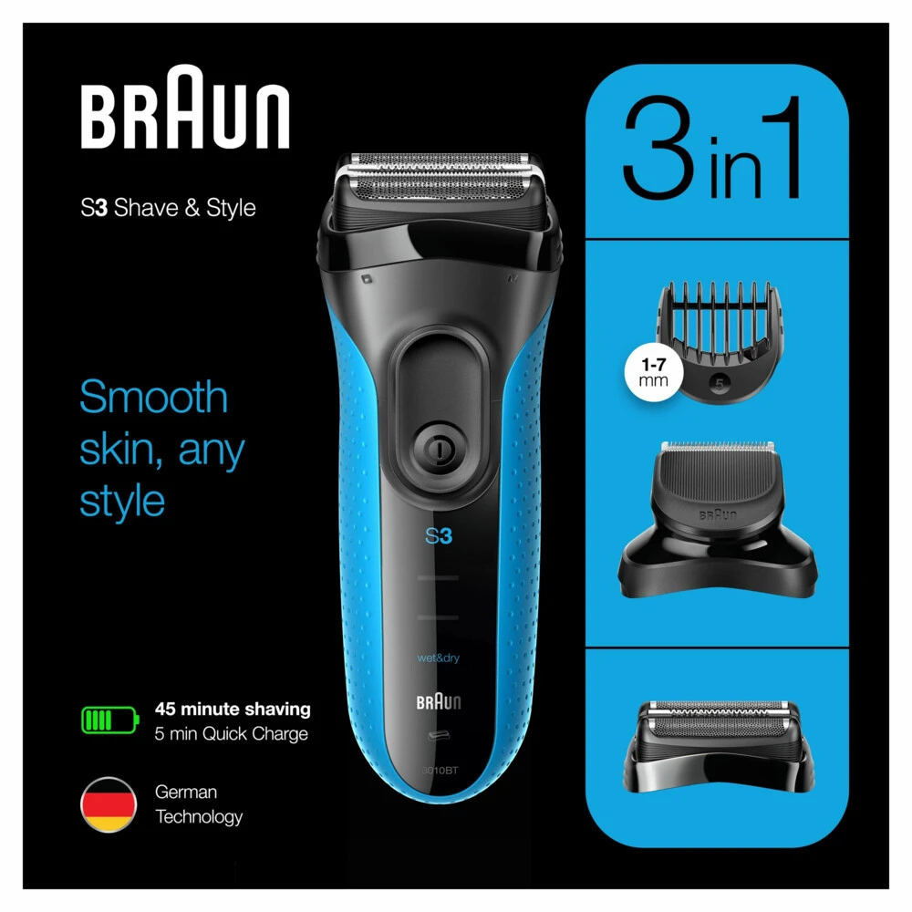 Braun Elektrisch Scheerapparaat Series 3 3010BT Zwart / Blauw 1 Braun Elektrisch Scheerapparaat Series 3 3010BT Zwart / Blauw