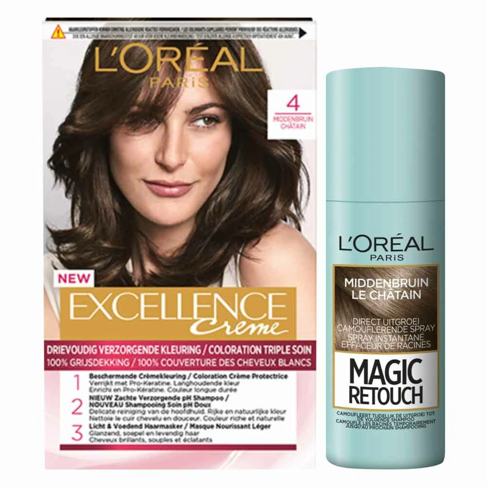L'Oreal Lu0027Oréal Excellence Creme Haarverf 4 Middenbruin + Magic Retouch Uitgroeispray Middenbruin 75 Ml Pakket 1 L'Oreal Lu0027Oréal Excellence Creme Haarverf 4 Middenbruin + Magic Retouch Uitgroeispray Middenbruin 75 Ml Pakket