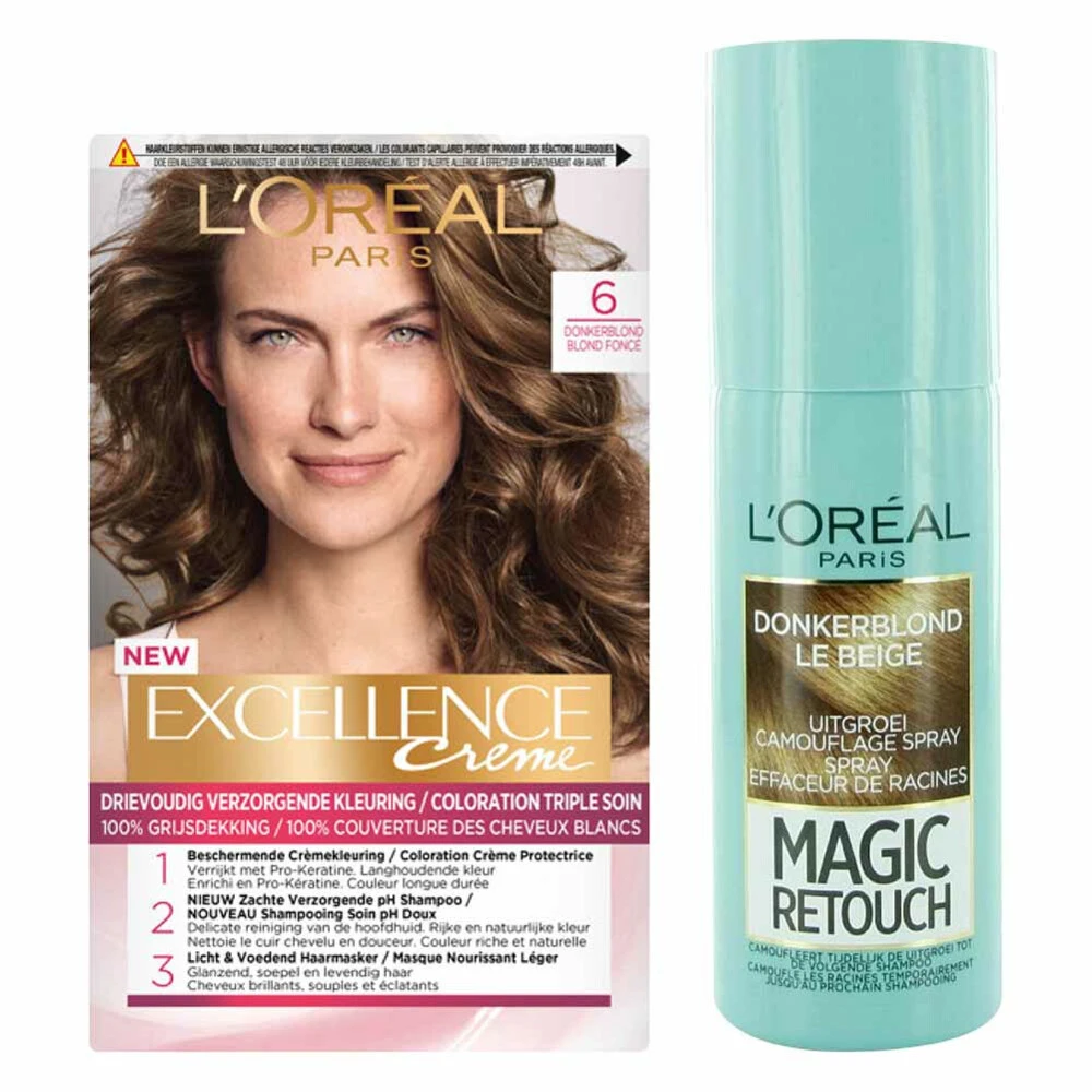 L'Oreal Lu0027Oréal Excellence Creme 6 Donker Blond + Magic Retouch Uitgroeispray Donkerblond 75 Ml Pakket 1 L'Oreal Lu0027Oréal Excellence Creme 6 Donker Blond + Magic Retouch Uitgroeispray Donkerblond 75 Ml Pakket