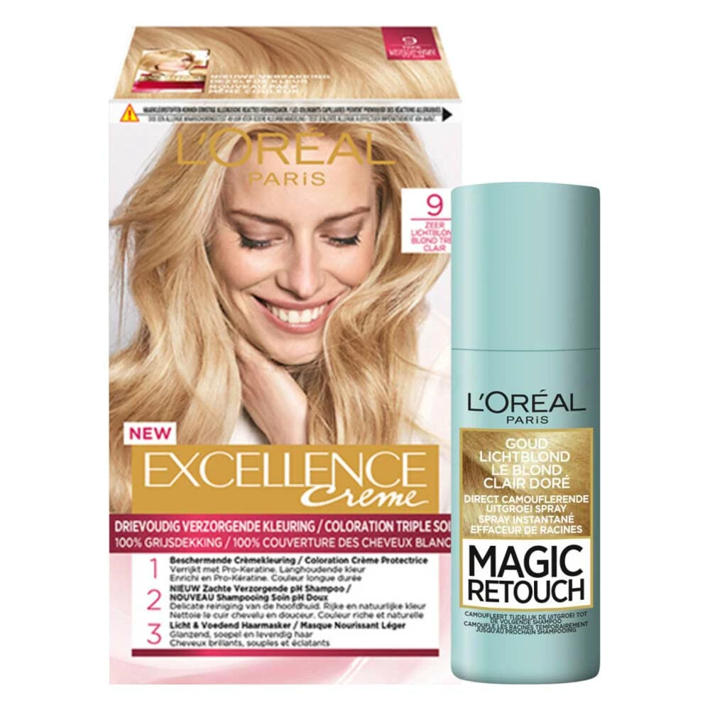 L'Oreal Lu0027Oréal Excellence Creme 9 Zeer Licht Blond + Magic Retouch Uitgroeispray Blond 75 Ml Pakket 1 L'Oreal Lu0027Oréal Excellence Creme 9 Zeer Licht Blond + Magic Retouch Uitgroeispray Blond 75 Ml Pakket