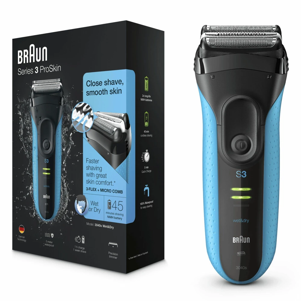 Braun Elektrisch Scheerapparaat S3 ProSkin 3040s Oplaadbaar Zwart / Blauw 1 Braun Elektrisch Scheerapparaat S3 ProSkin 3040s Oplaadbaar Zwart / Blauw